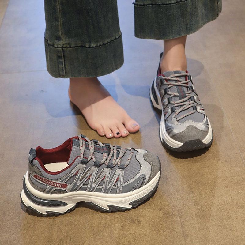 Leather platform mesh sneakers women's shoes 2025 autumn new casual shoes outdoor mountaineering running dad shoes