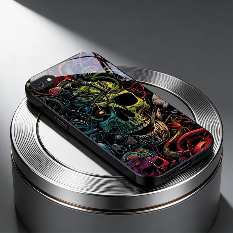 Neon Tech Skull Graffiti Black Glass Phone Case For iPhone 17 Air 16 E 15 Plus 14 Pro Max 13 12 Mini 11 5 6 7 8 Plus XR X Cover