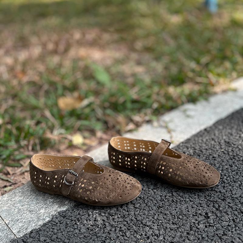 Johnature Retro Cow Suede Hollow-out Flat Shoes Breathable Soft Sole Versatile Women's Shoes
