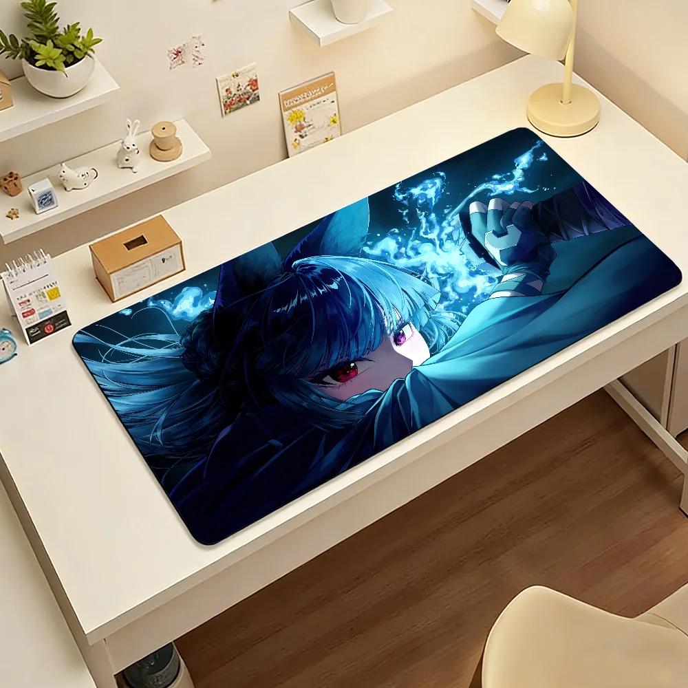 Gaming Mouse Pad Large Desk Mat Antislip Stitched Edges Black Hair Fox Girl Teal  White Design PC Keyboard Pad
