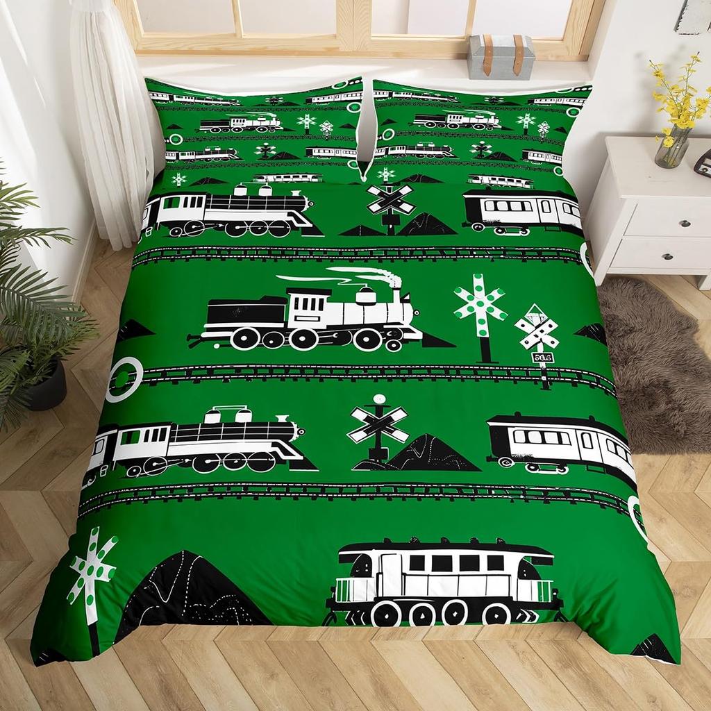 Cartoon Zug Bettwäsche Set Full Queen King Vintage Dampflok Bettdeckenbezug, Reise Eisenbahnstrecke Transport Bettbezug
