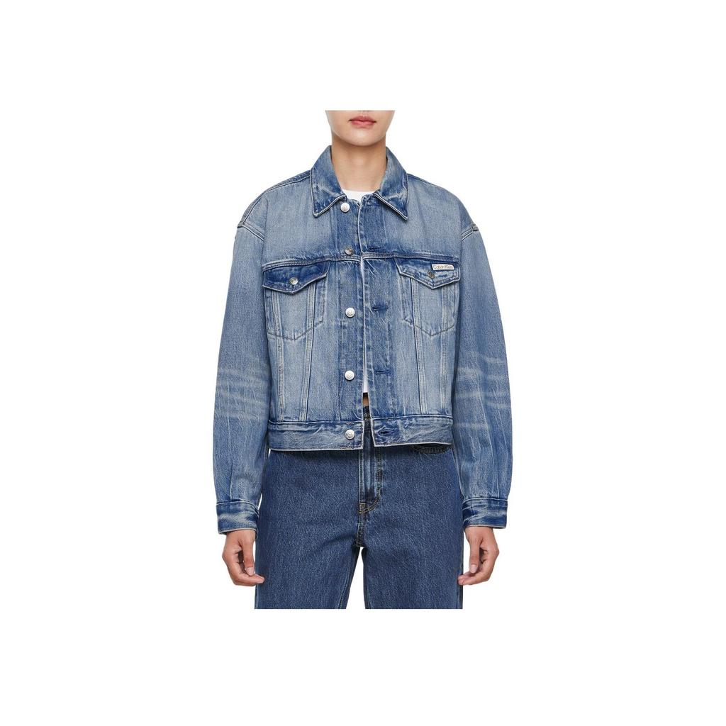 Calvin Klein Vintage Wash Denim Jacket With Lapel Women Jackets Blue 40WL781-Q24
