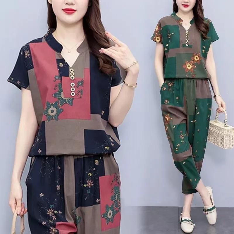 Women's 2PCS Summer Thin Age Reduction Female T-Shirt Version Large Size Leisure Pants Lady 2-piece Set