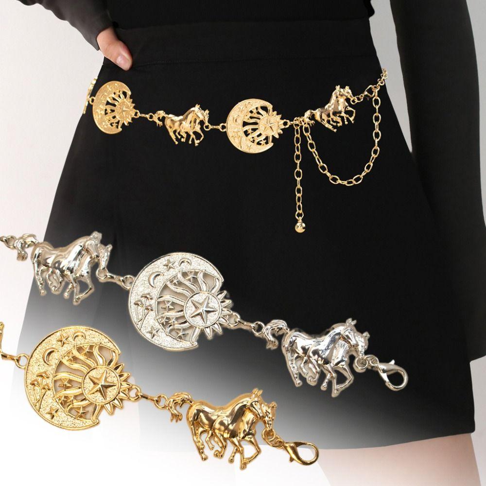 Horse Woman Chain Belt Gold Silver Dress Cummerbands Punk Waistbands Clothing Accessories