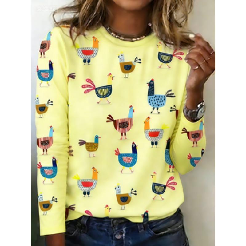 Women's Casual Short Sleeve T-Shirt - Colorful Cartoon Chick Print Round Neck Regular Machine Washable Top for All Seasons