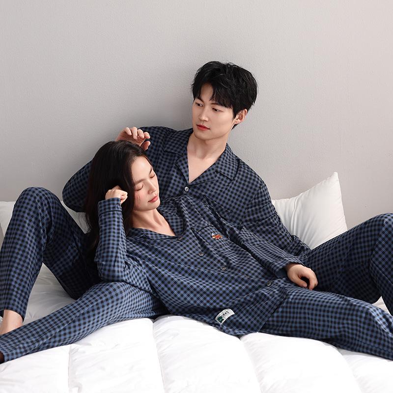 Couple's Plaid Cotton Pajamas Set: Women's Long Sleeve & Pants with Turn-Down Collar