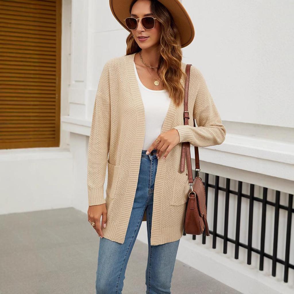 Women's Solid Color Long Knit Cardigan, 2024 Autumn/Winter European and American Casual Loose Sweater Outerwear.