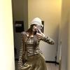 Coffee Crew Neck Striped Long Sleeve T-Shirt Women's Autumn and Winter Korean Spice Girls Slim-fit Inner Bottom Versatile Skinny Top