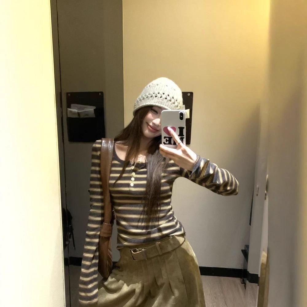 Coffee Crew Neck Striped Long Sleeve T-Shirt Women's Autumn and Winter Korean Spice Girls Slim-fit Inner Bottom Versatile Skinny Top
