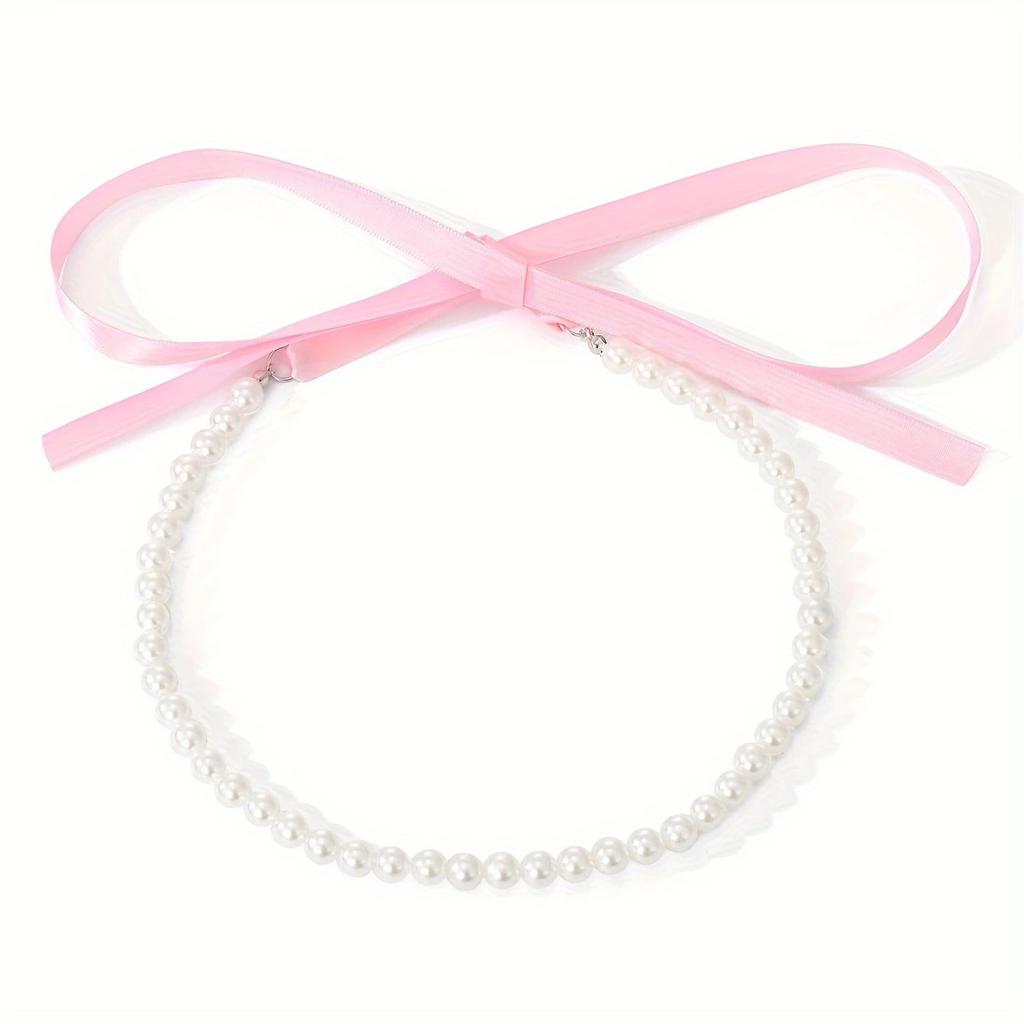 Vintage Naszyjnik z długim kokardą, łańcuszek wstążkowy na obojczyk, sznurowany aksamitny naszyjnik ze sztuczną perłą