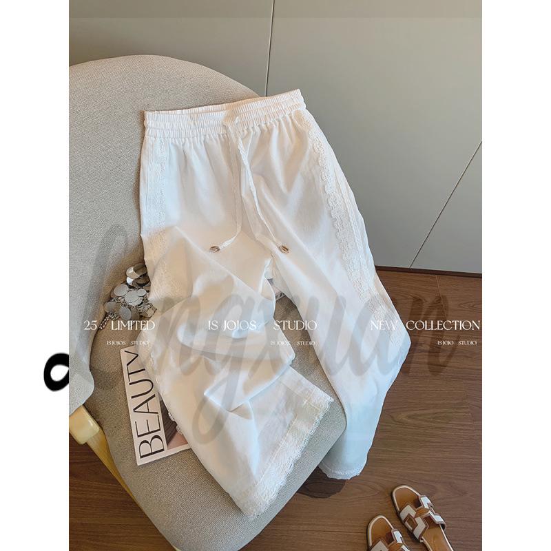 

Official Women s White Lace Drawstring Wide-Leg Summer Pants - Loose, Lazy Style, Floor-Length Medium