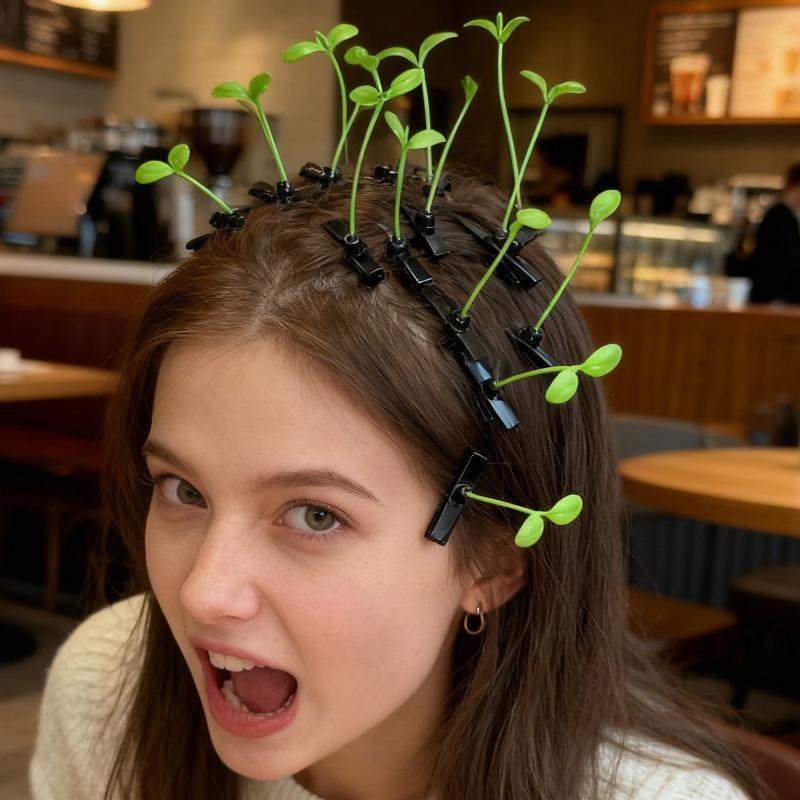 Creative Funny Little Bean Sprouts Grass Hair Clips for Girls Fashion Green Grass Bean Sprout Hairpins Plant Hair Accessories