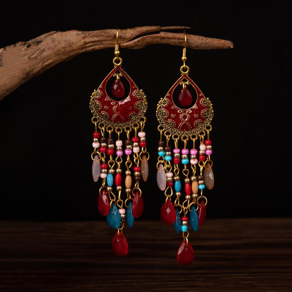 Ethnic Style Crystal Long Fringed Earrings Personalized Photo Show Face Thin Exaggerated Earrings Bohemian Travel Jewelry