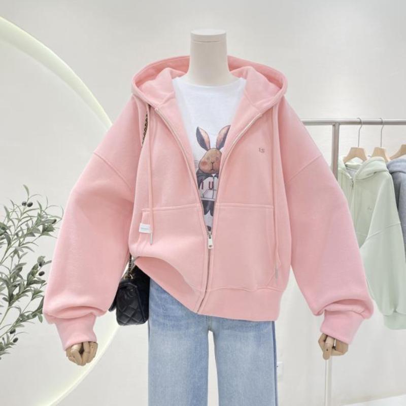 

Куртка с капюшоном на молнии Простая вышивка букв Свободный однотонный кардиган Женский топ M розовый