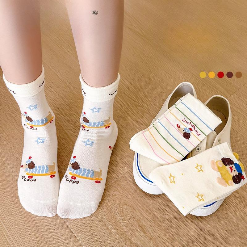 Women's Mid-calf Socks, Pure Cotton Spring and Autumn Thin Pile Socks, Trendy Socks, Cotton Socks, Summer Cartoon Striped Dachshund