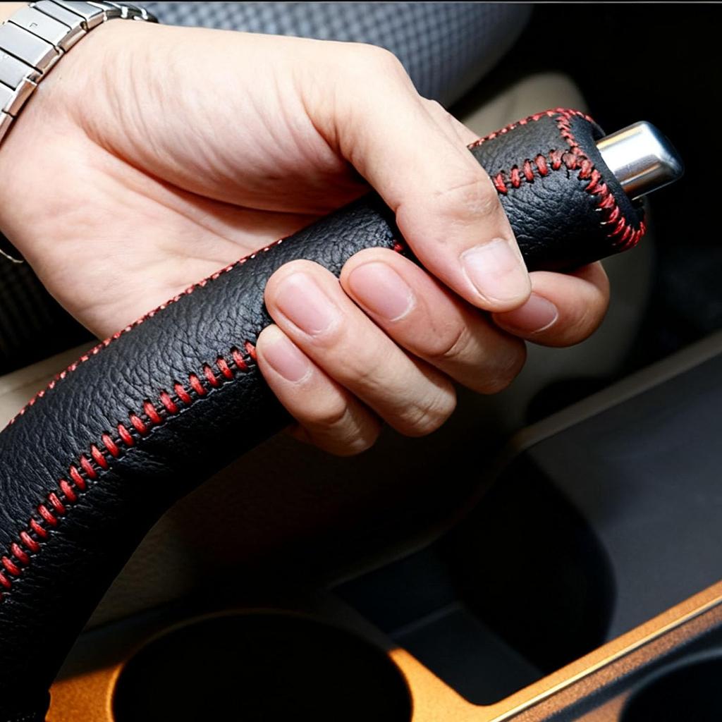 Genuine Leather Parking Brake, Protection, General Purpose, High Quality, Elegant, Cover, High Quality, Carbon Fiber Red Line