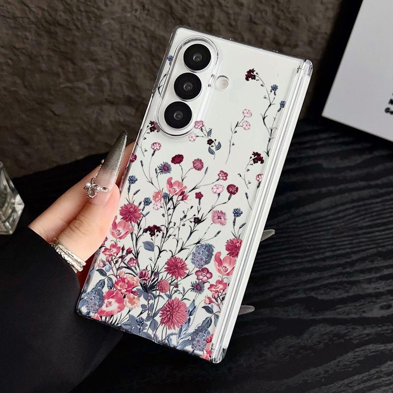 Magnetic Adsorption Phone Case For Samsung Galaxy Z Fold 7 6 5 Fold7 Fold6 Fold5 5G Retro Flowers Pattern Clear Shockproof Cover