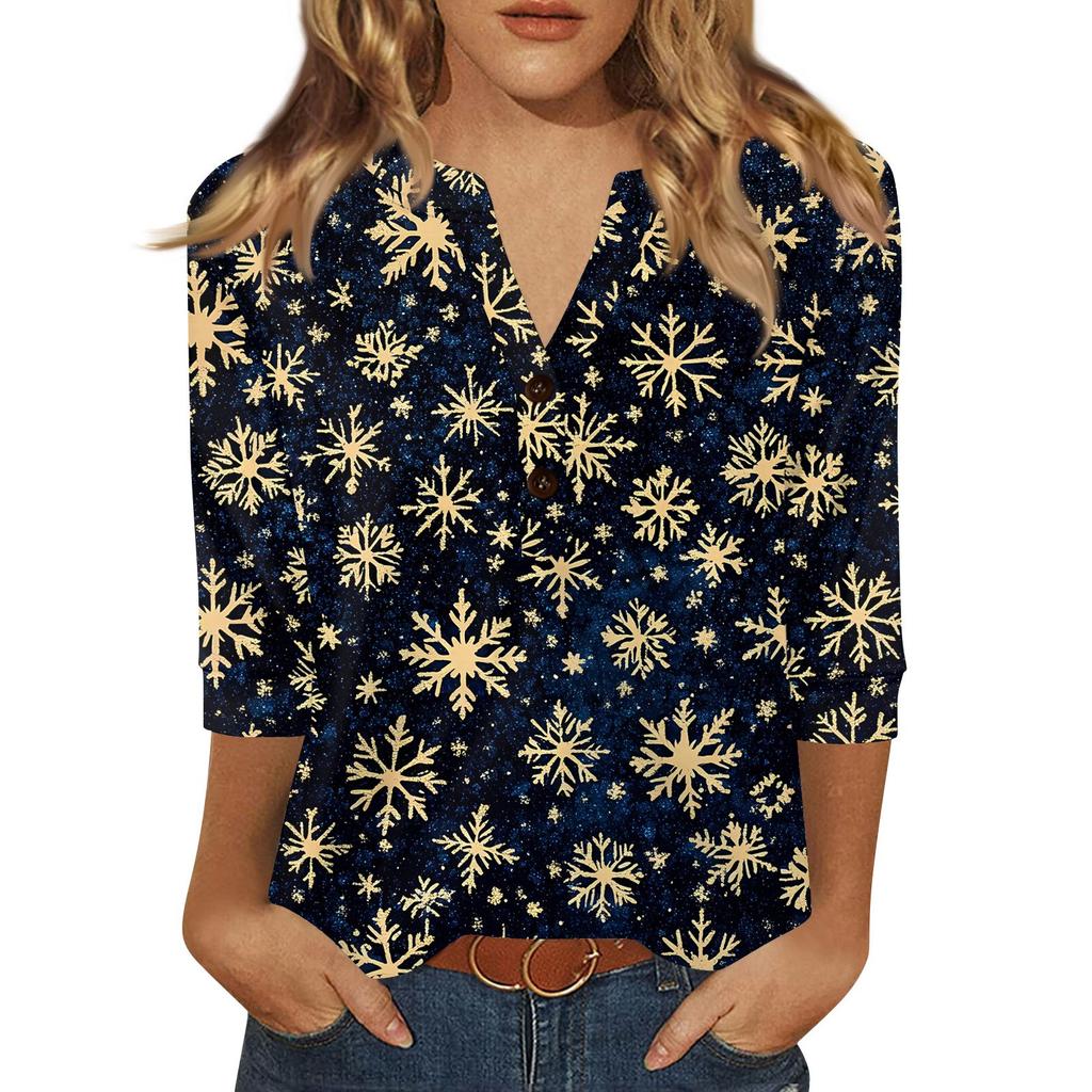 Women's T Shirt Christmas Print Button 3/4 Sleeve Daily Weekend Fashion Basic V- Neck Regular Top