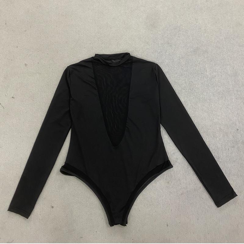 Y2K Spring and Summer Fashionable and Sexy Deep V-Perspective Mesh Splicing Long Sleeve Jumpsuit