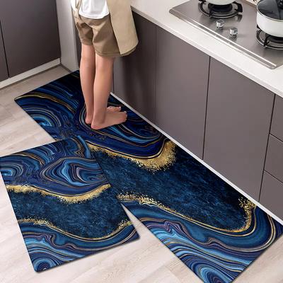 1 Pezzo Tappeti da Cucina Antifatica, Stampa Marmo Blu Impermeabile Antiscivolo Spesso Ammortizzato Tappetino da Cucina Resistente Comfort Tappetino per Stare in Piedi per Cucina