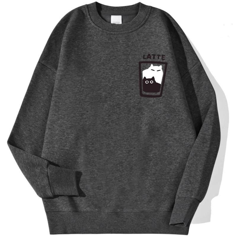 Cat Latte Cartoon Design Men Sweatshirt Fashion Casual Hooded Vintage Loose Hoodies Korean Fleece Clothing Pullovers & Long Sleeves Men’s