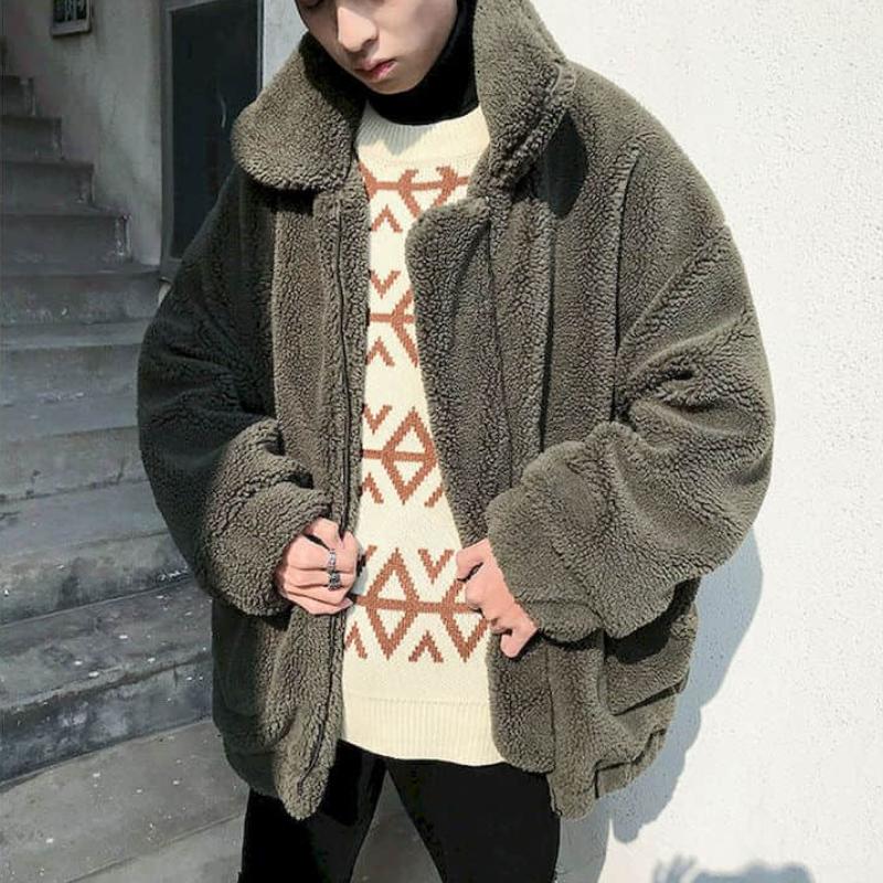 Cappotto Caldo Ispessito Foderato in Agnello Invernale da Uomo Giacca Casual Alla Moda Taglie Forti per Studenti