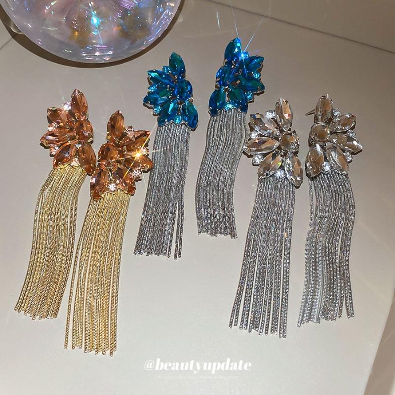 Luxury Silver Needle Diamond Flower Tassel Earrings Women's Style Premium Dinner Earrings Personalized Design Earrings