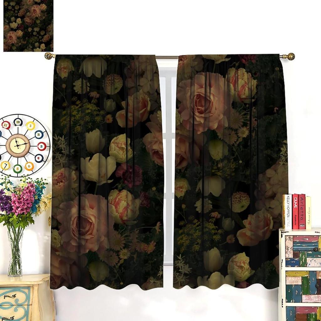 Gothic Floral Blackout Curtains   Rustic Farmhouse Retro Flower Watercolor Vintage Plant Boho Halloween Window Drapes   for Bedroo