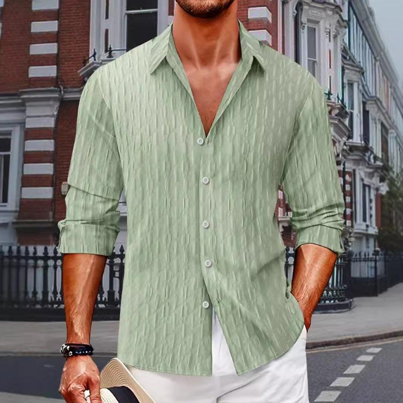 Camisa de Manga Larga a Cuadros Jacquard con Cuello Camisero de Solapa de Botón Único