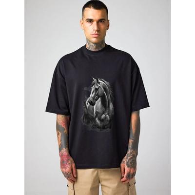 Oversized T-Shirt Μαύρο Άλογο Γραφικό Σχέδιο Unisex Casual Streetwear Κορυφή Άνδρες Γυναίκες Καθημερινή Ένδυση Μοντέρνα Δήλωση Μπλουζάκι