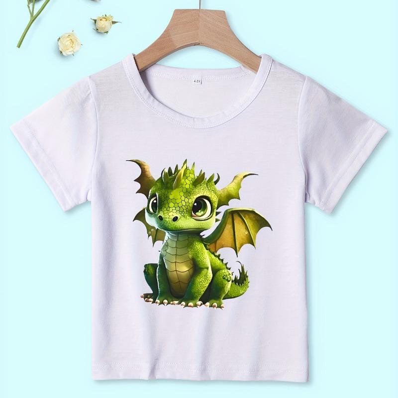 Cute Cartoon Green Dragon Print Short Sleeve Kids T-Shirt 110