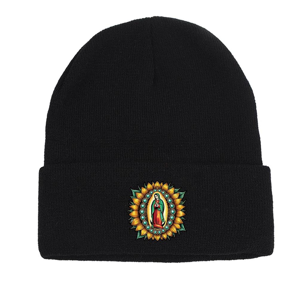 The Virgin Mary Sunflower Warm Knitted Hat Beanie, Woman Cap Cancer Chemo Cuff Solid Pompom Beanies Knit Cap Beanie