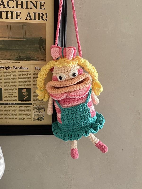 Cartoon Plush Woolen Phone Bag For Women With Knit Design And Shoulder Strap