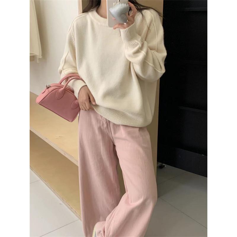 Gentle Design Style Candy Color Round Neck Pullover Sweater Women's Soft Waxy Round Neck Loose Thick Warm Top Trendy Girl