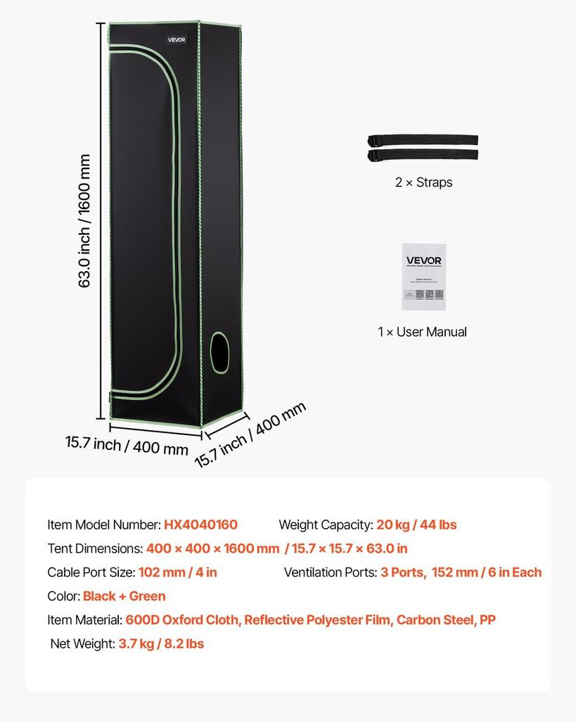Indoor Grow Zelt, 40 x 40 x 160 cm, 600D Hochreflektierendes Mylar, Indoor Pflanzenzelt mit Beobachtungsfenster, Bodenschale & Reißverschluss, Robuste Zucht