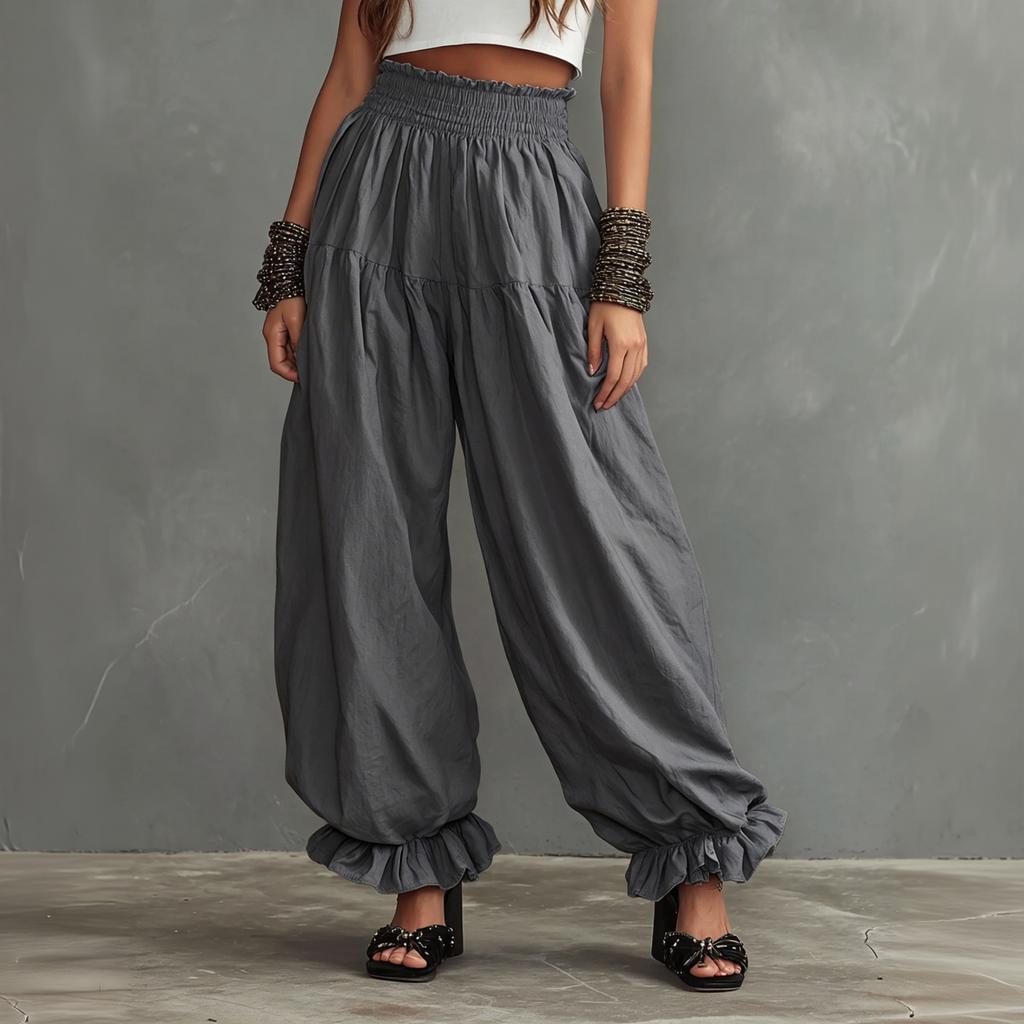 Women's Casual Lantern Pants High Waist Wide Leg Ruffle Hem Loose Fit Long Trousers Summer Lightweight Comfortable Design