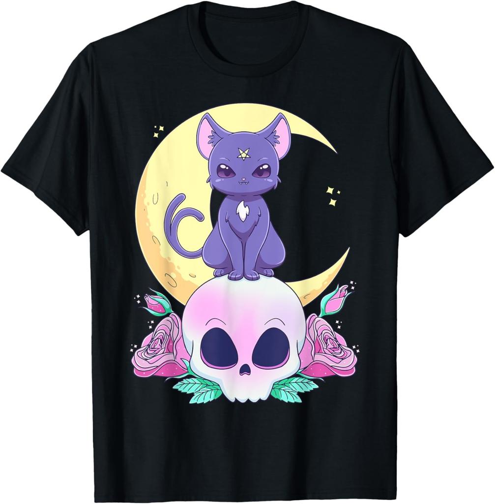 Kawaii Pastel Goth Cute Creepy Cat Bat Skeleton T-Shirt Print Original Design Gifts T Shirts Mens Clothing Camisas Streetwear
