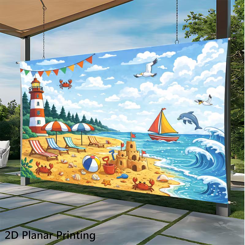 2D Summer Beach Scene with Crab & Dolphin Photoshoot Background
