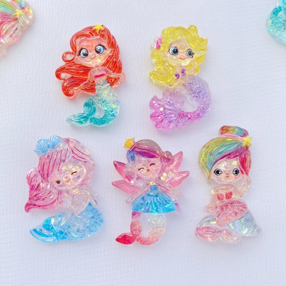 10 PCS Shiny Colorful Cartoon Mermaid Princess Girl Resin Scrapbook DIY Jewelry Hairpin Headrope Decoration Crafts
