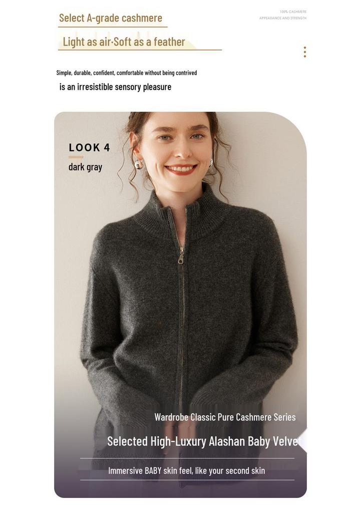 2025 Women's Casual Cashmere Knit Cardigan with Stand Collar, Loose Fit, and Zipper - Simple, Fashionable Long Sleeve Jacket
