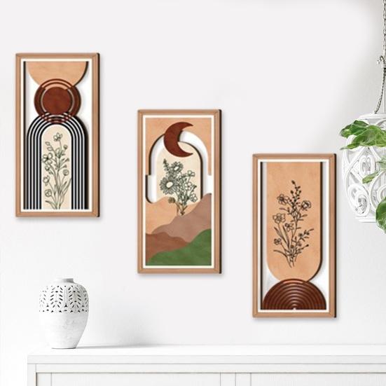 3 Pcs Boho Plant Wall Art Minimalist Botanical Bohemain Wall Sculpture Abstract Geometric Home Decor for Living Room Bedroom Office