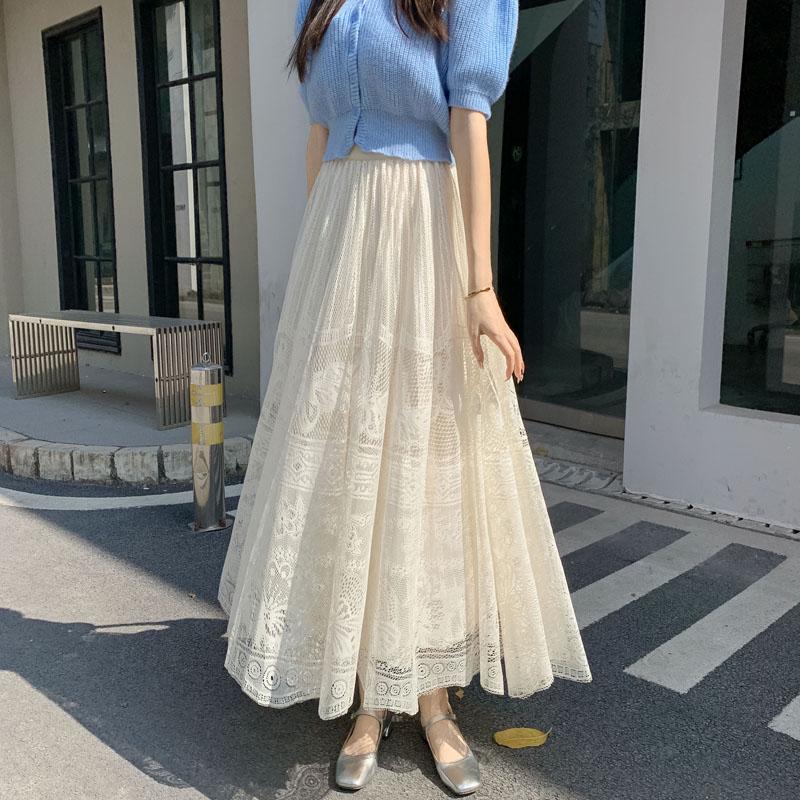 Women's Double-Sided Lace A-Line Pleated Long Flare Skirt for Autumn
