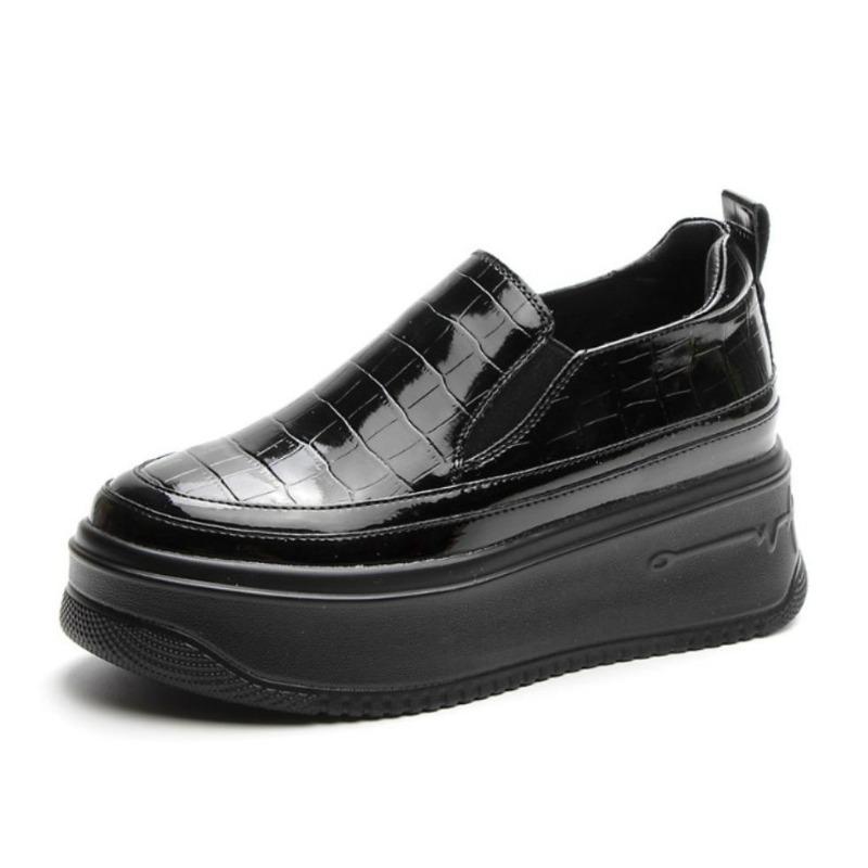 Fashion 7.5cm Patent PU Synthetic Leather Platform Wedge Chunky Sneakers Spring Fashion Boots Well-fitting Women Autumn Shoes