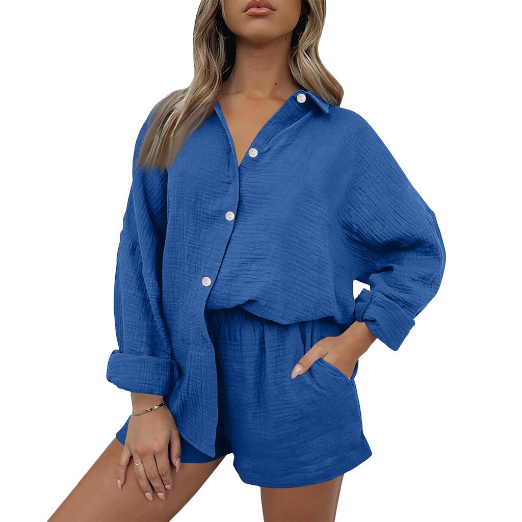 Women's Casual Color Long Sleeved Shorts Set, Crepe Home Set