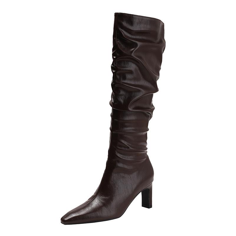 2025 new autumn and winter black pointed head thin heel high heel fashion boots retro tall babe wrinkled boots women