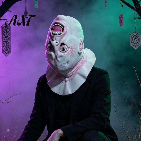 Unique Weird Shape Mask Halloween Upside Down Demon Latex Full Face Mask, Scary Alien Cosplay Flexible Head Fitting Headgear, Creepy Costume Prop for