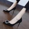 Women New Mid Heeled Sandals Black Square Buckle Pointed Thin Heeled Baotou Banquet High Heeled Shoes Womens Shoes Tacones Mujer