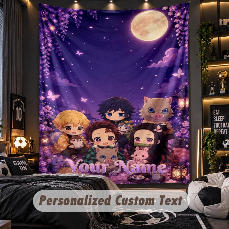 Personalized Wall Tapestry,Demon Slayer Custom Printed Name, Fabric Wall Art For Indoor Room Backdrop