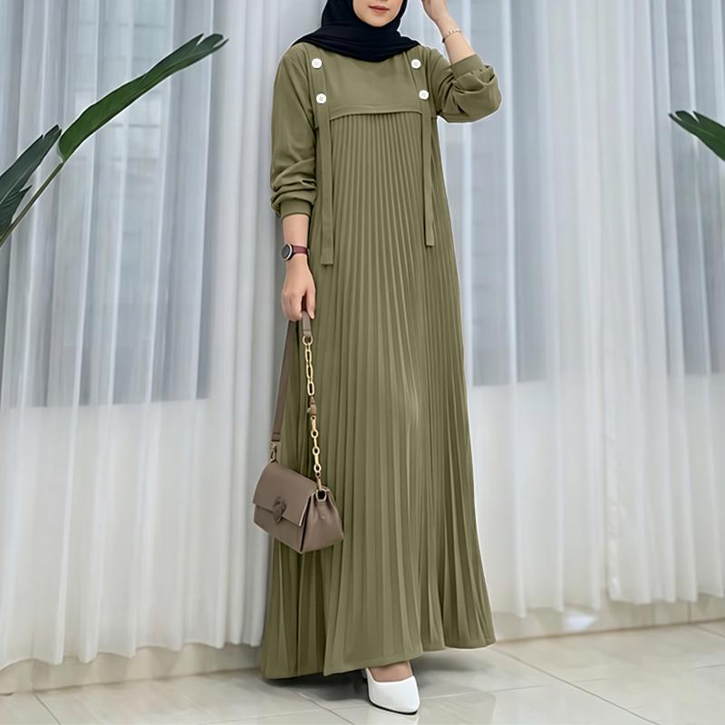ZANZEA Women Muslim Casual Round Neck Loose Long Sleeve Pleated Long Dress