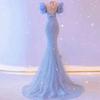 Blue small trailing evening dress, annual meeting host sequined waist fishtail skirt, light luxury niche bride toast dress women